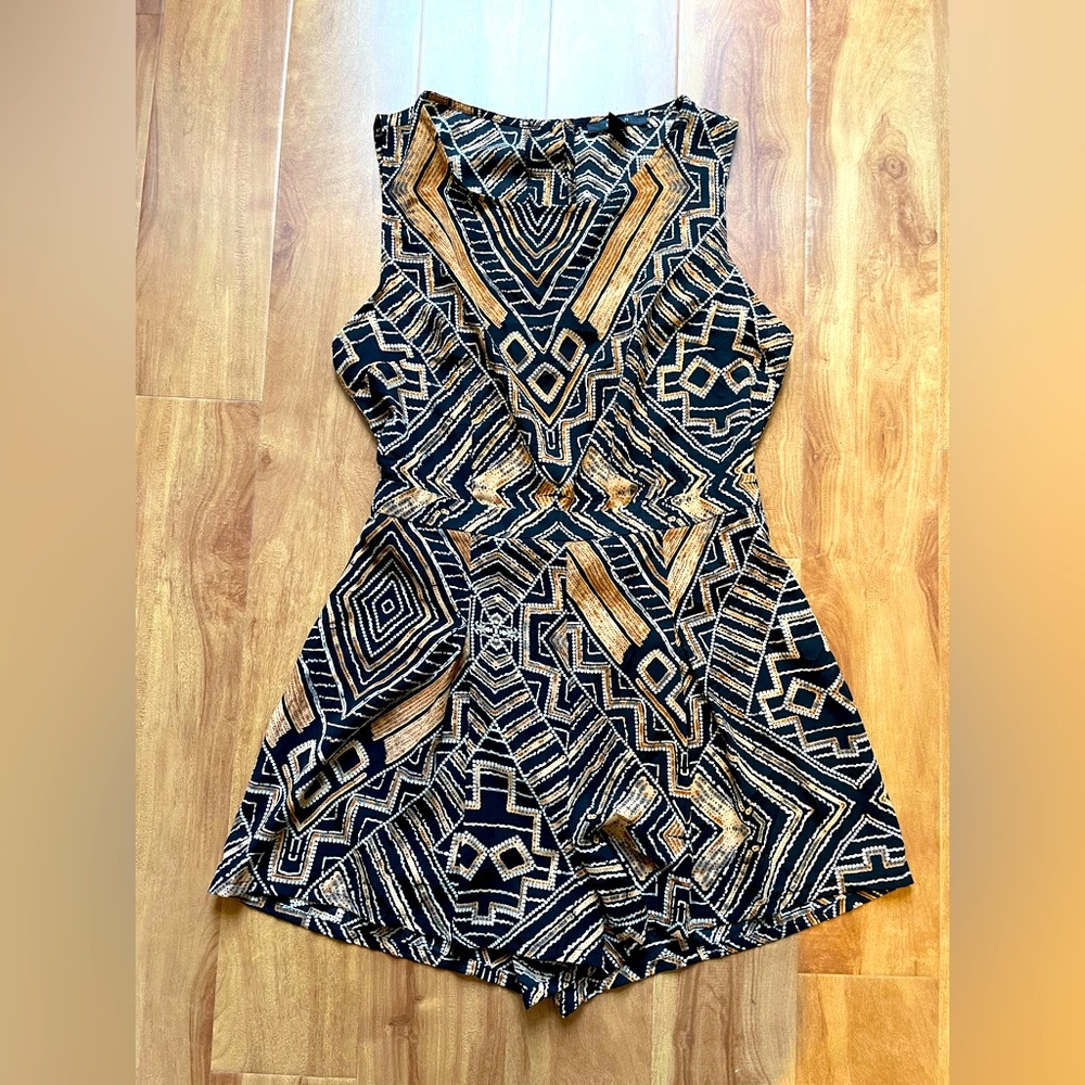 Black, Gold & White Tribal Print Forever 21 Romper Jumpsuit, Size L